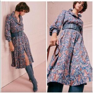 EUC Sézane Loree Midi Belted Dress in Blue Floral Ranch Marine